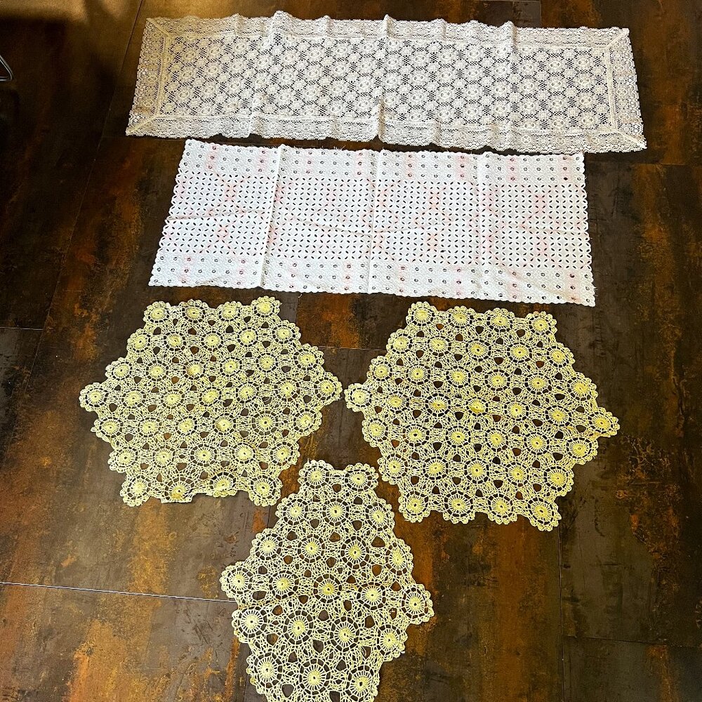 5 Count Vintage White, Pink & Ecru Eyelet Lace Doilies, Various Shapes & Sizes